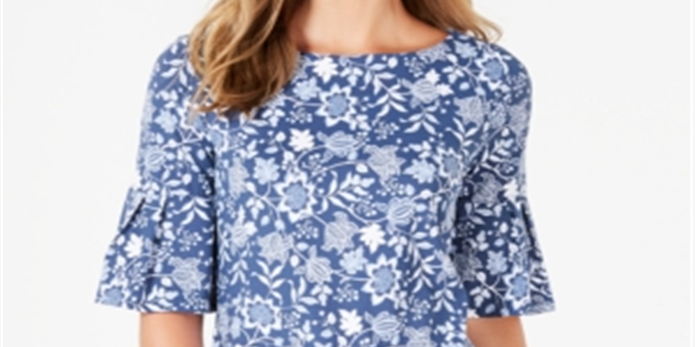 Charter Club Women's Printed Bell Sleeve Top Blue Size Small