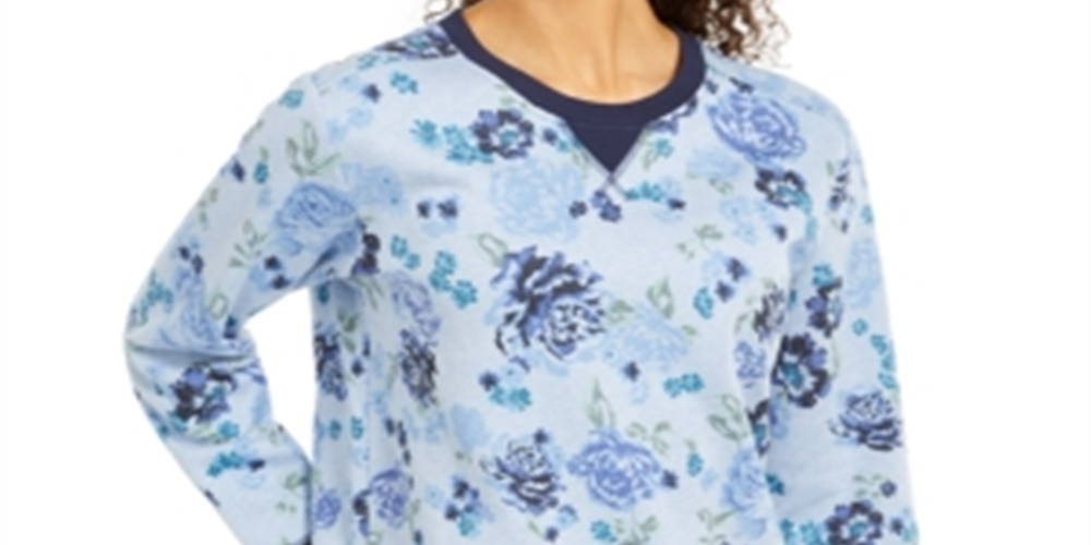 Karen Scott Women's Printed Crewneck Sweatshirt Blue Size Petite S