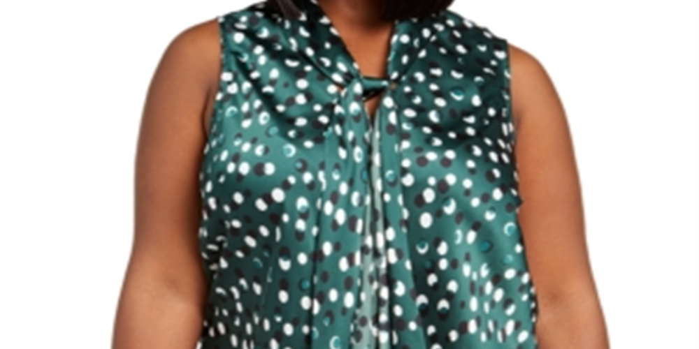 Nine West Women's Emerald Multi Dot Print Tie Neck Blouse Green Size 3X