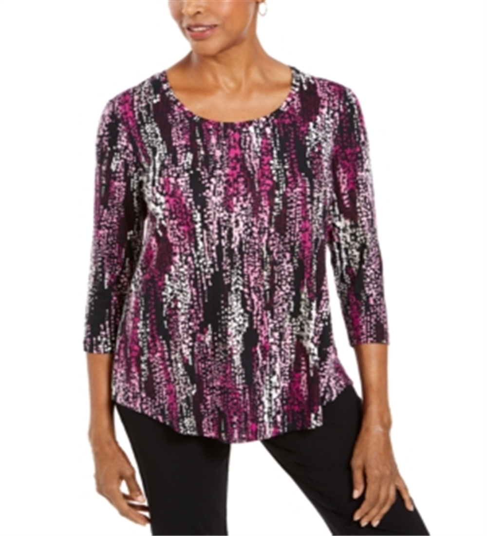 JM Collection Women's Printed Scoop Neck Top Black Size X-Small