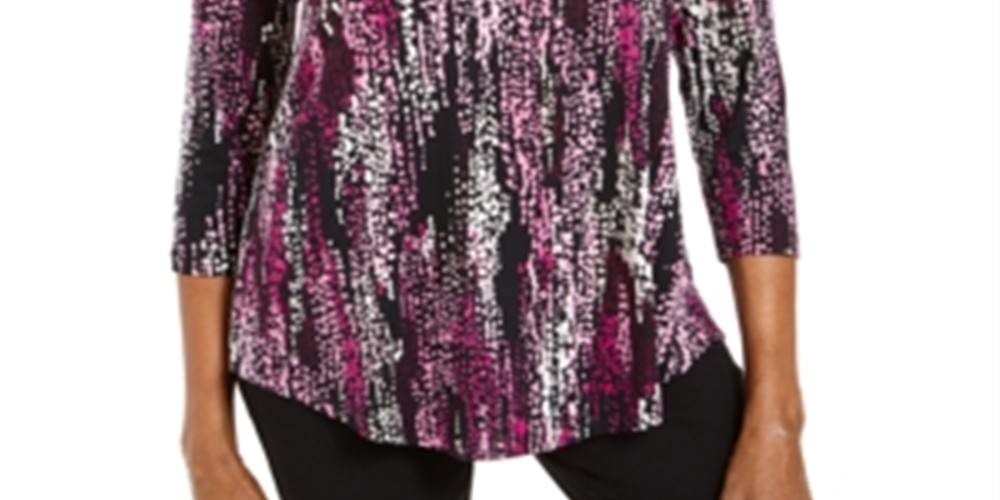 JM Collection Women's Printed Scoop Neck Top Black Size X-Small
