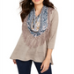 Style & Co Women's Fringed Scarf Neck Top Grey Size X-Small