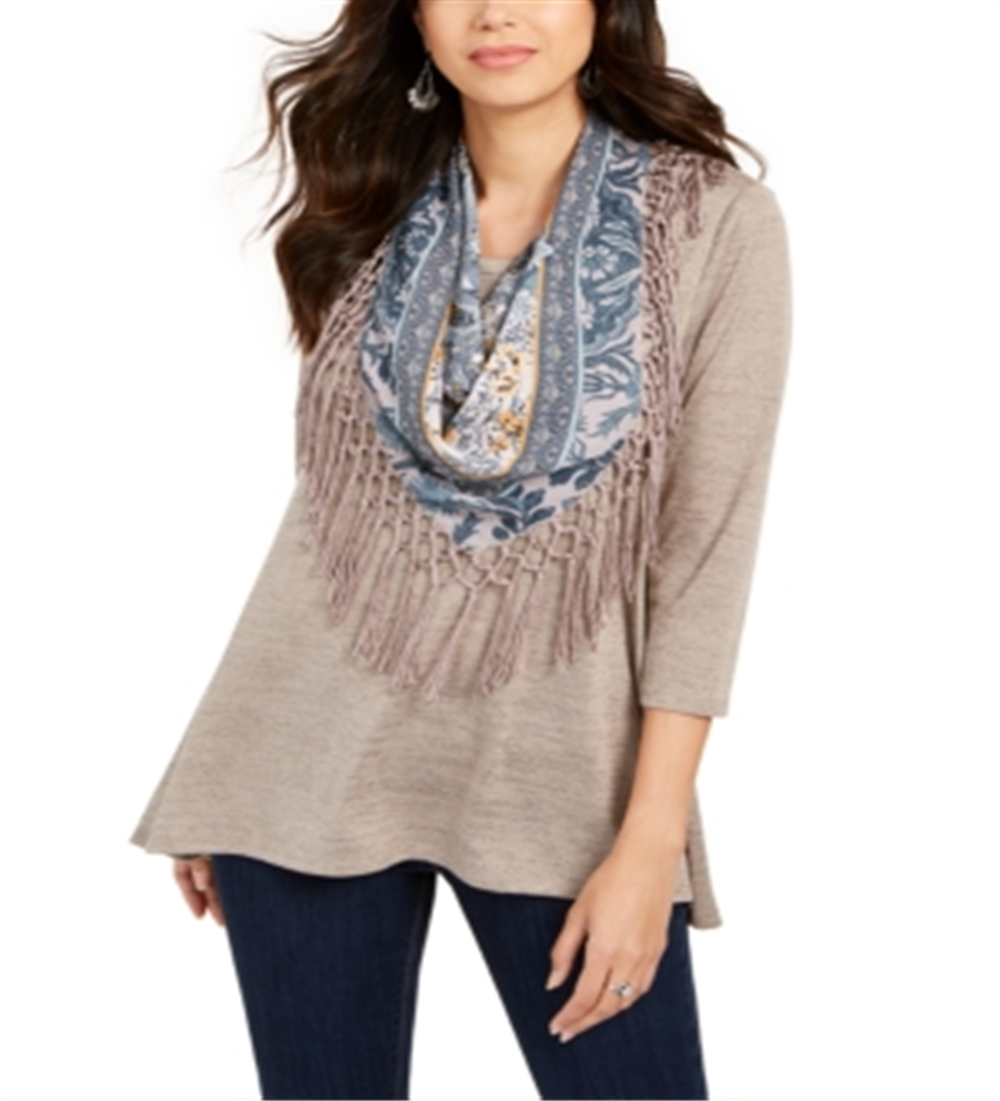 Style & Co Women's Fringed Scarf Neck Top Grey Size X-Small