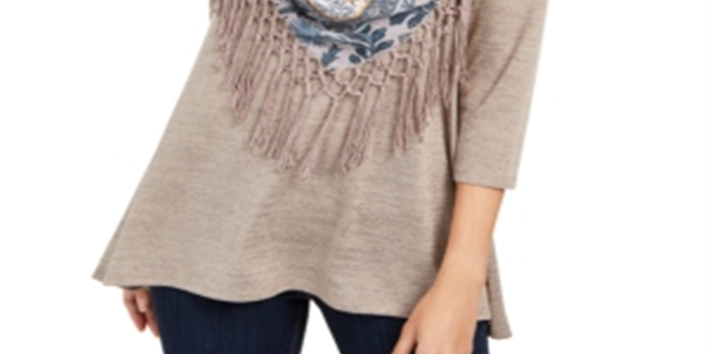 Style & Co Women's Fringed Scarf Neck Top Grey Size X-Small