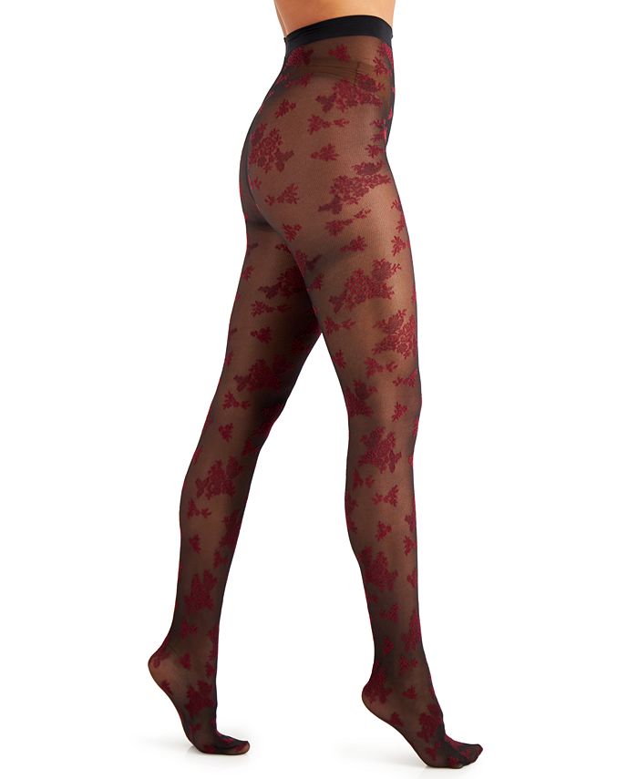 INC International Concepts Women's Flocked Floral Tights Red Size XX-Small