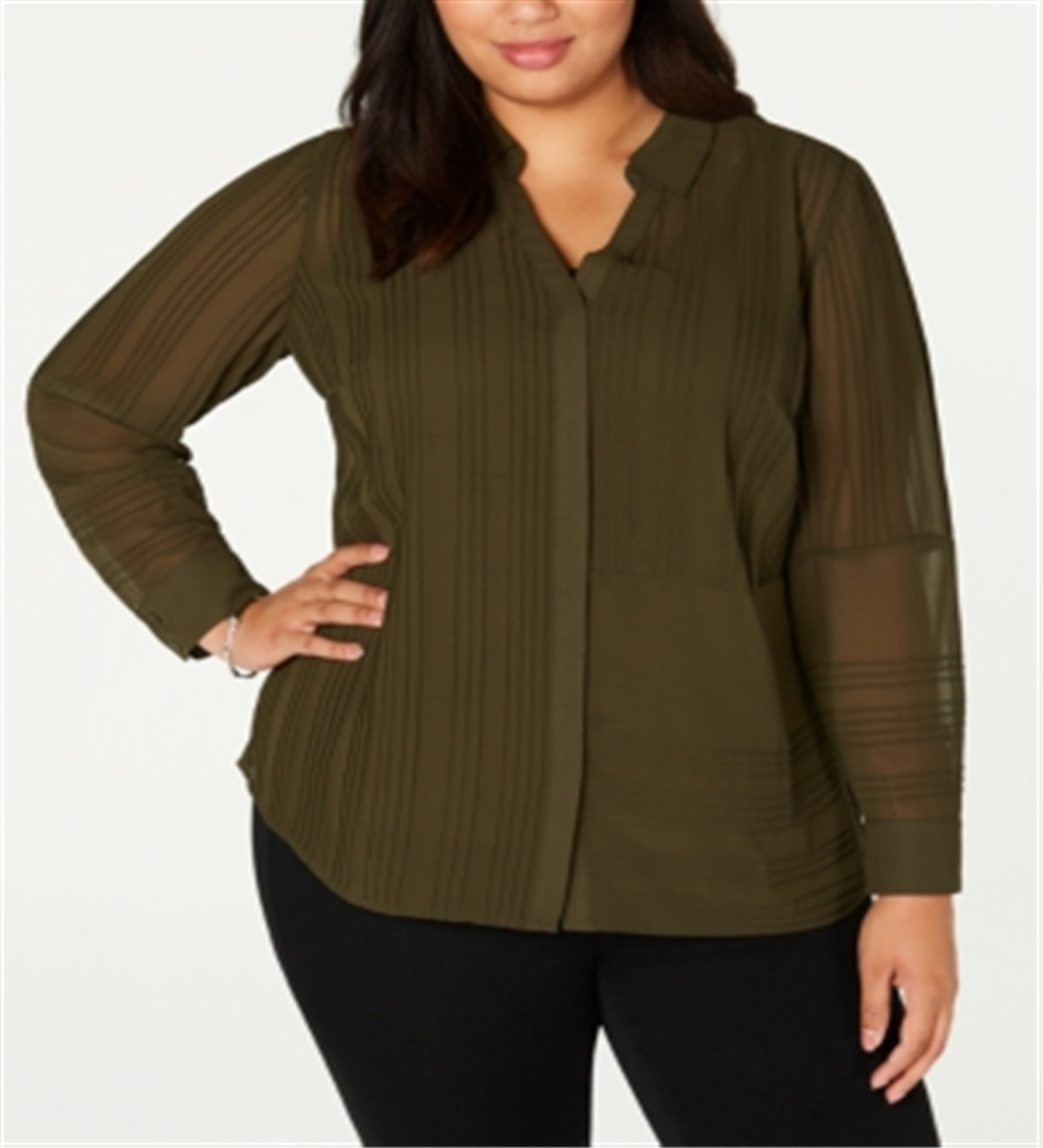 Alfani Women's Plus Textured Button Front Top Green Size 3X