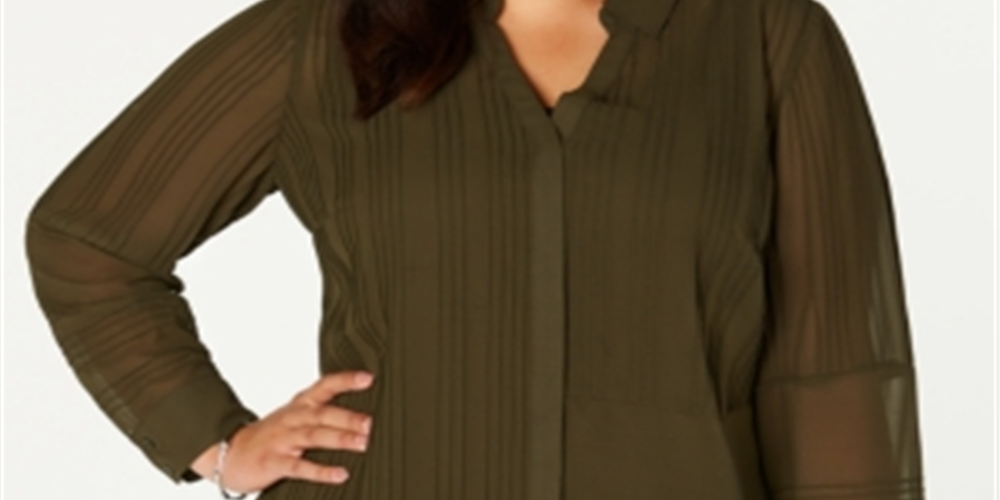 Alfani Women's Plus Textured Button Front Top Green Size 3X
