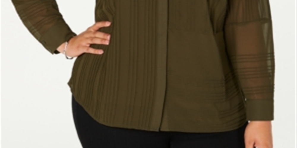Alfani Women's Plus Textured Button Front Top Green Size 3X