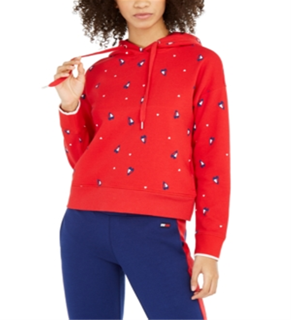 Tommy Hilfiger Women's Cropped Hearts Hoodie Red Size XL