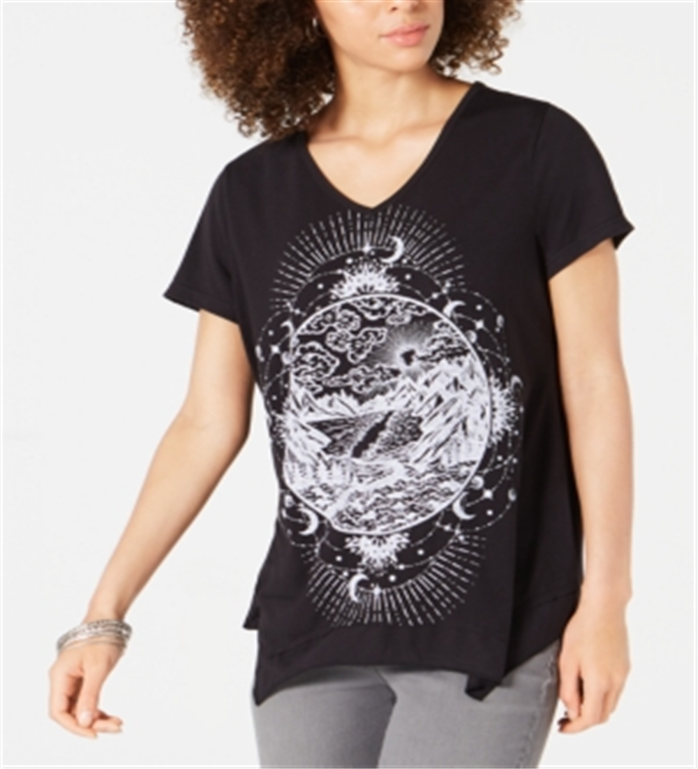 Style & Co Women's Graphic-Print Handkerchief Hem T-Shirt Black Size X-Small