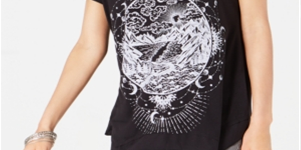 Style & Co Women's Graphic-Print Handkerchief Hem T-Shirt Black Size X-Small