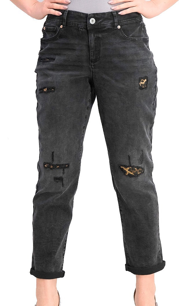 INC International Concepts Women's Destructed Animal Print Curvy Fit Boyfriend Jeans Gray Size 4