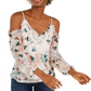 INC International Concepts Women's Printed Cold Shoulder Top White Size Petite
