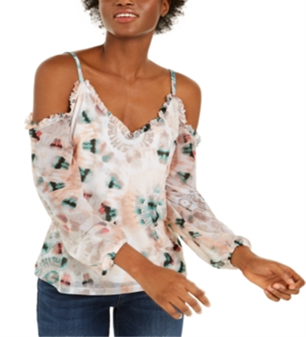 INC International Concepts Women's Printed Cold Shoulder Top White Size Petite