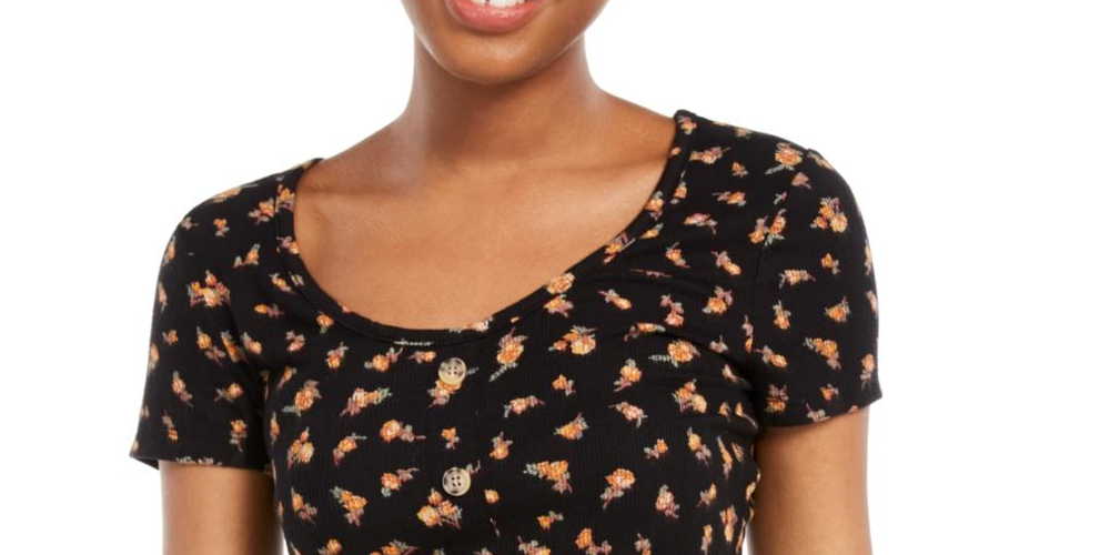 Hippie Rose Junior's Floral Print Ribbed Blouse Black Size X-Large