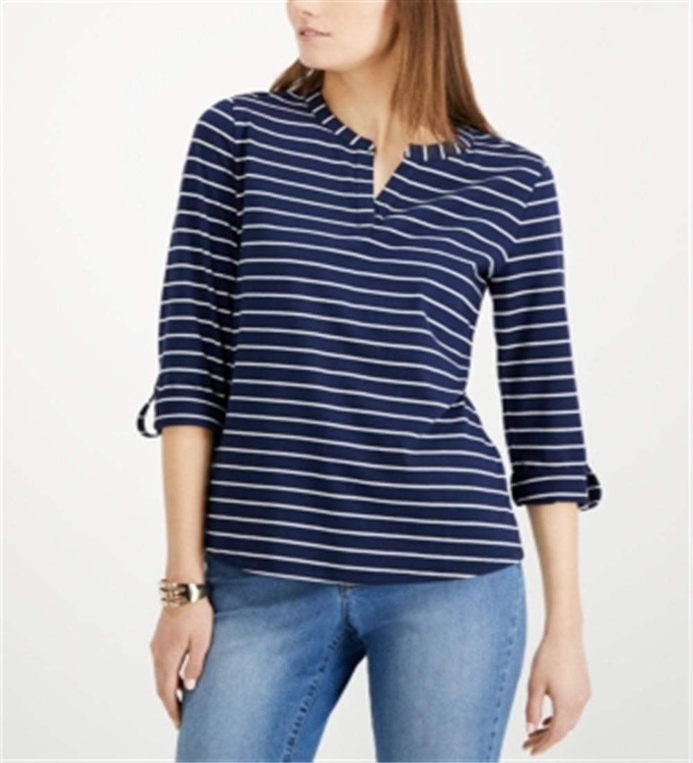 Charter Club Women's Striped Split Neck Top Blue Size Petite Small