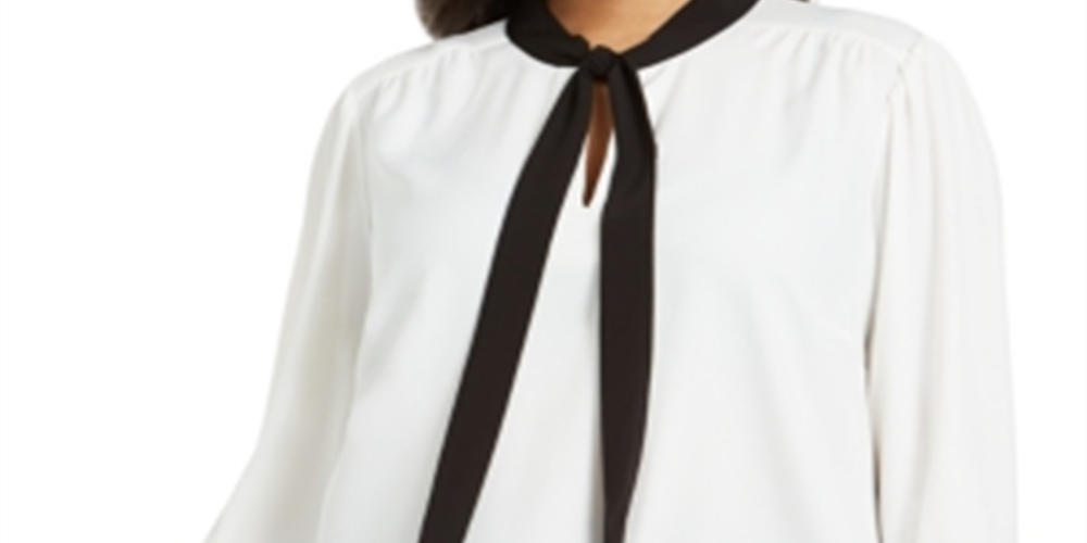 Calvin Klein Women's Long Sleeve Tie Neck Wear to Work Top Plus White Size 3X