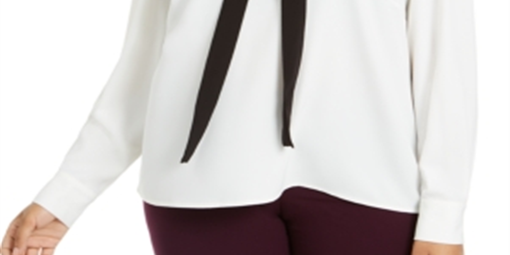 Calvin Klein Women's Long Sleeve Tie Neck Wear to Work Top Plus White Size 3X