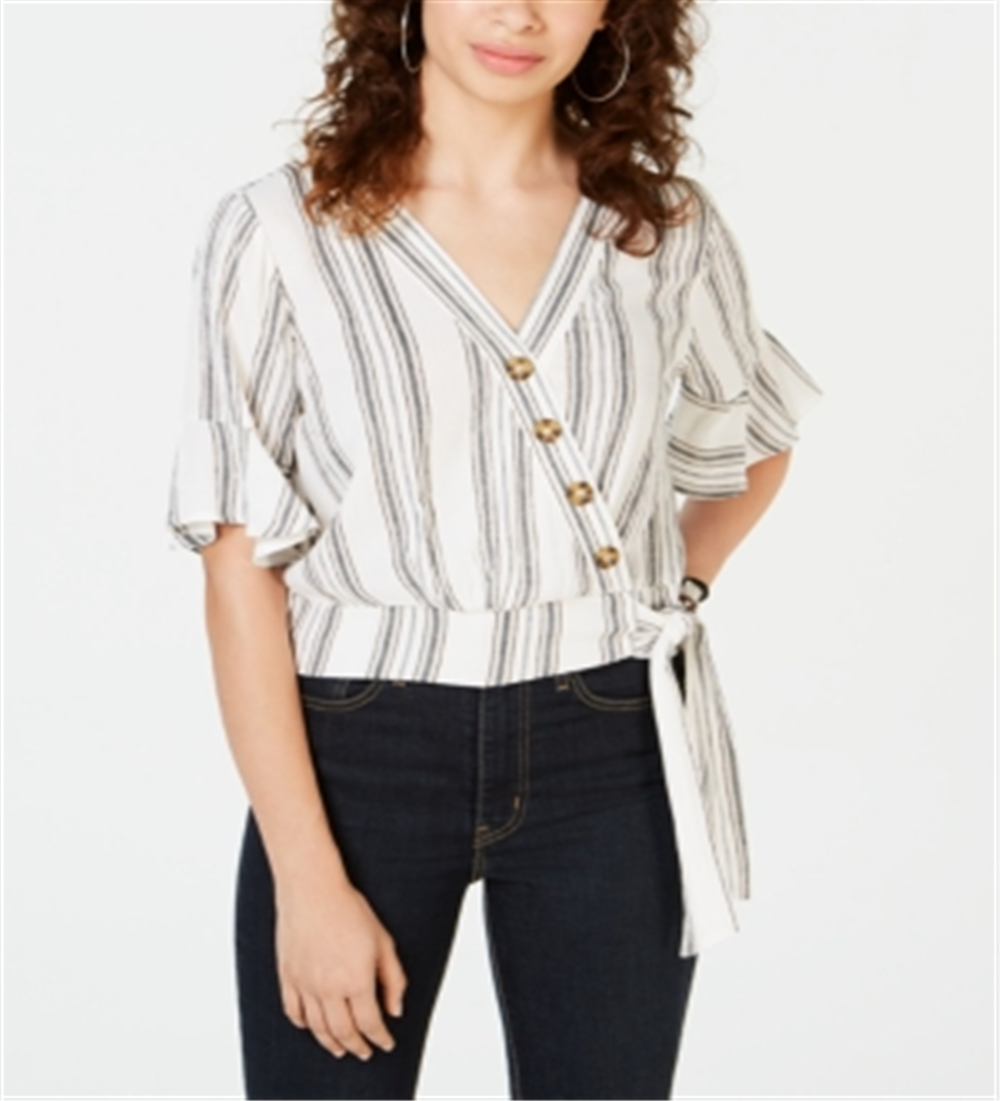 Gypsies & Moondust Junior's Striped Wrap Blouse White Size X-Small