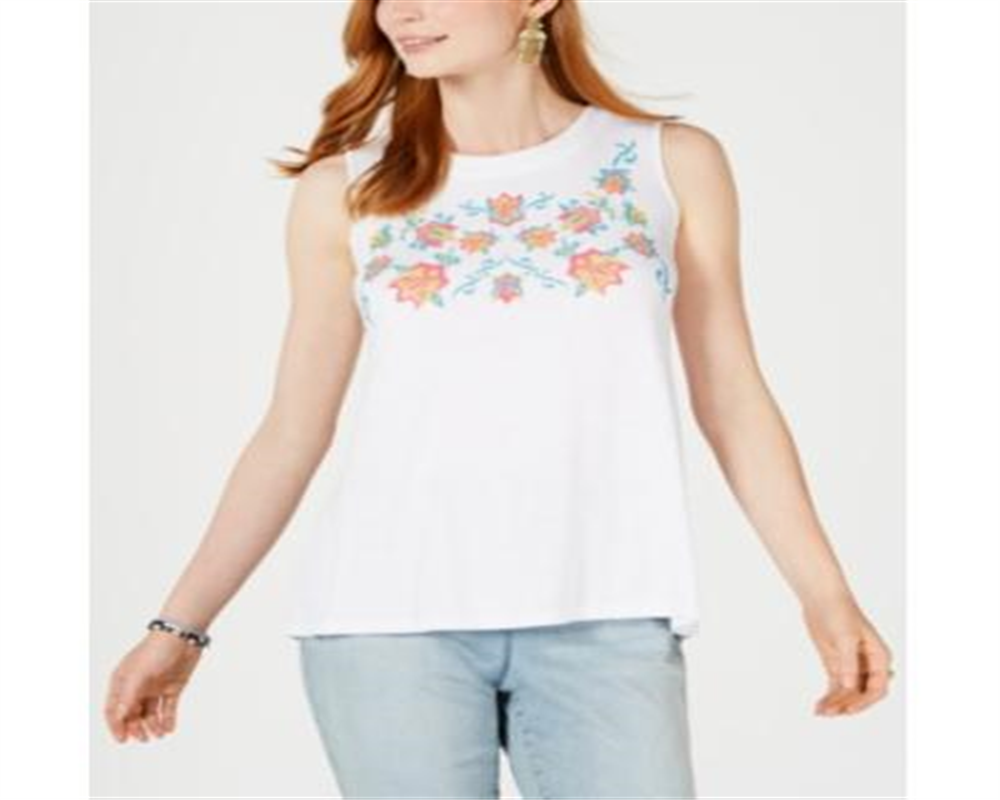 Style & Co Women's Floral Embroidered Tank Top White Size S