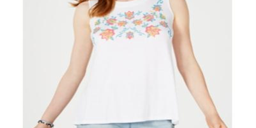 Style & Co Women's Floral Embroidered Tank Top White Size S