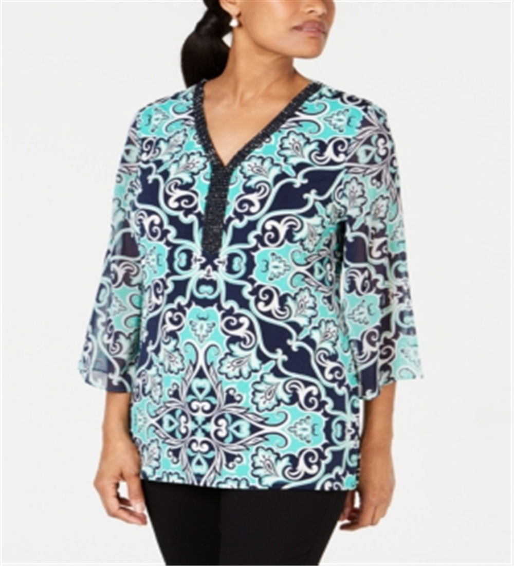 JM Collection Women's Embellished Neck Tunic Blue Size Medium