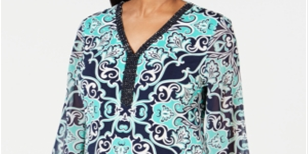 JM Collection Women's Embellished Neck Tunic Blue Size Medium