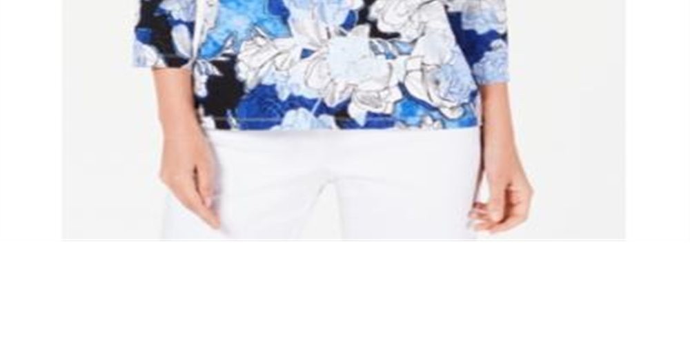 JM Collection Women's Printed Jacquard Top Blue Size Petite