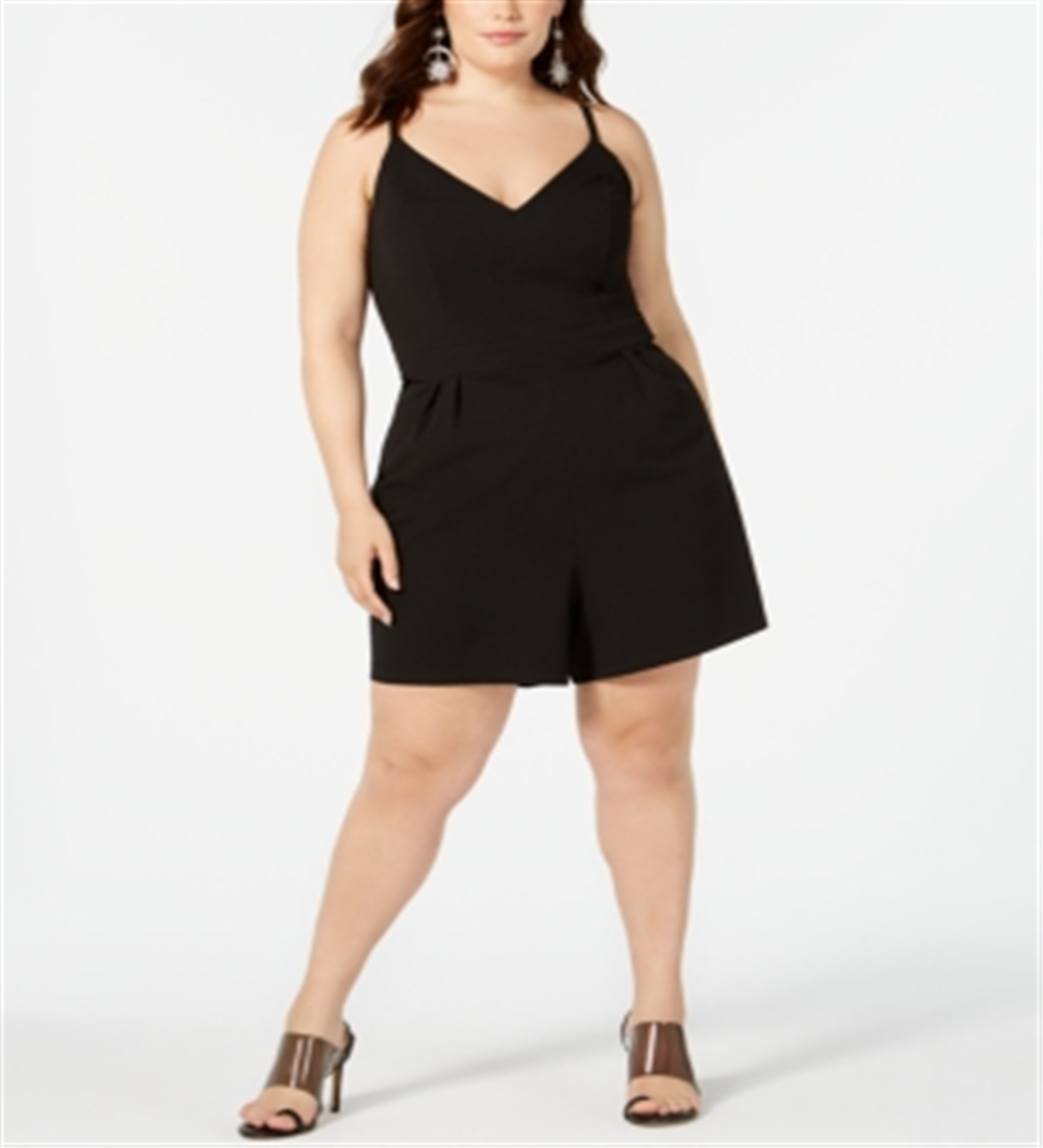 Emerald Sundae Women's Lace Spaghetti Strap V Neck Romper Black Size 1X