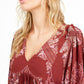 Free People Women's Paisley 3/4 Sleeve V Neck Top Size Medium