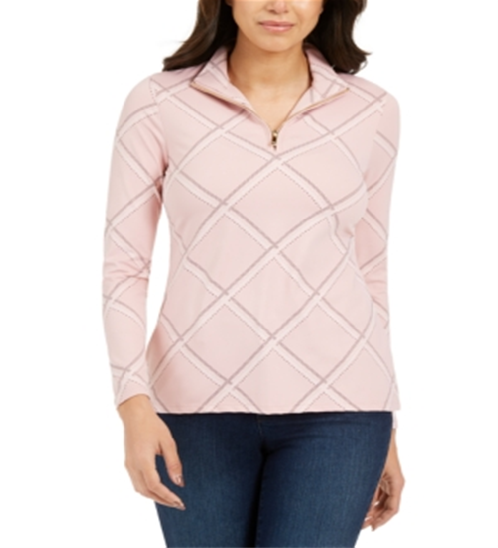 Charter Club Women's Printed Half Zip Top Pink Size X-Small