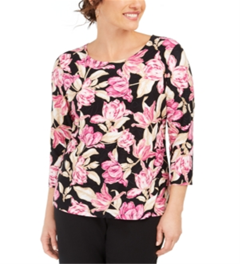 JM Collection Women's Printed Garland Textured Top Purple Size Small