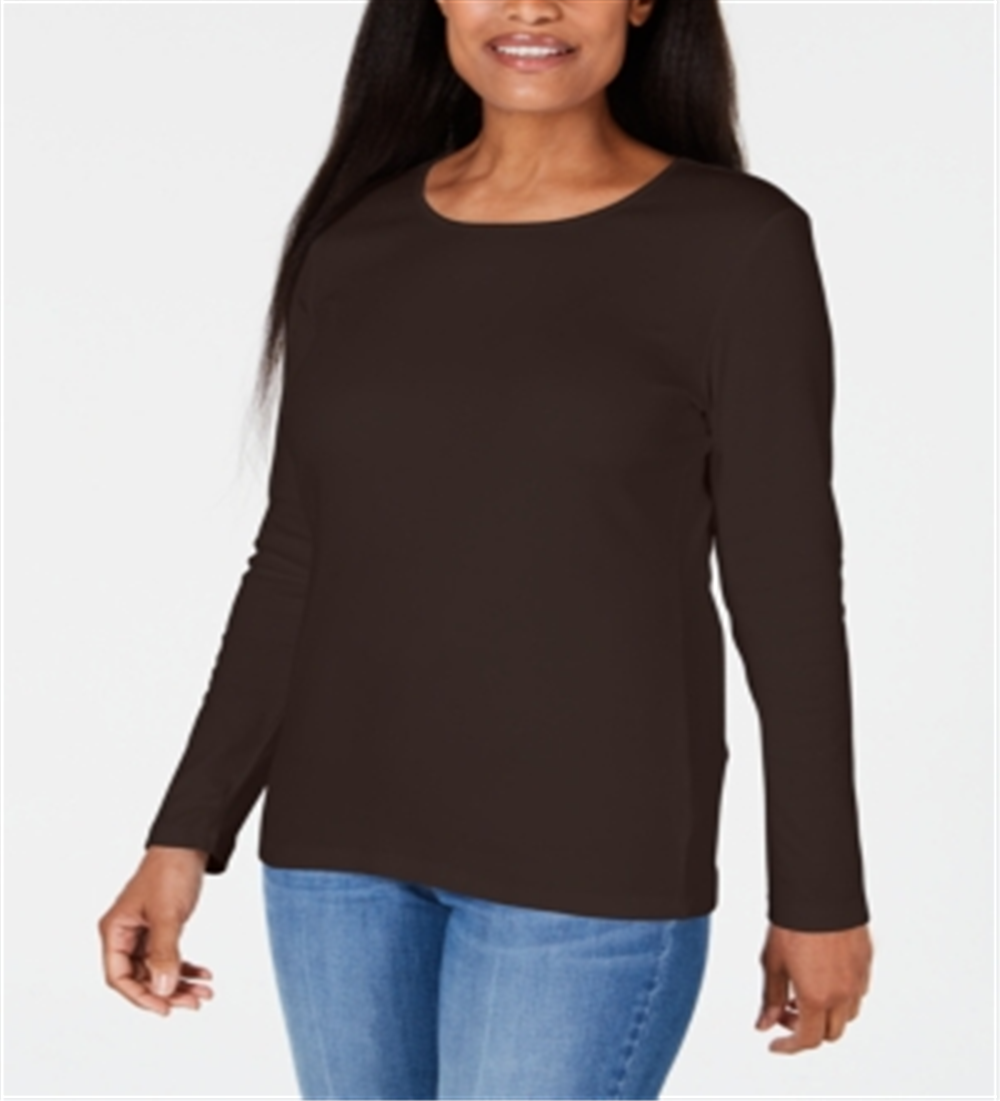 Karen Scott Women's Satin Trim Scoop Neck Top Brown Size Large