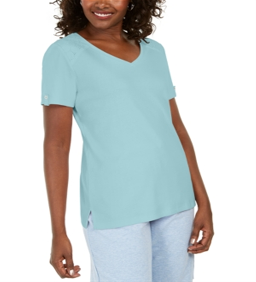 Karen Scott Women's Eyelet Shoulder V Neck Top Blue Size X-Small