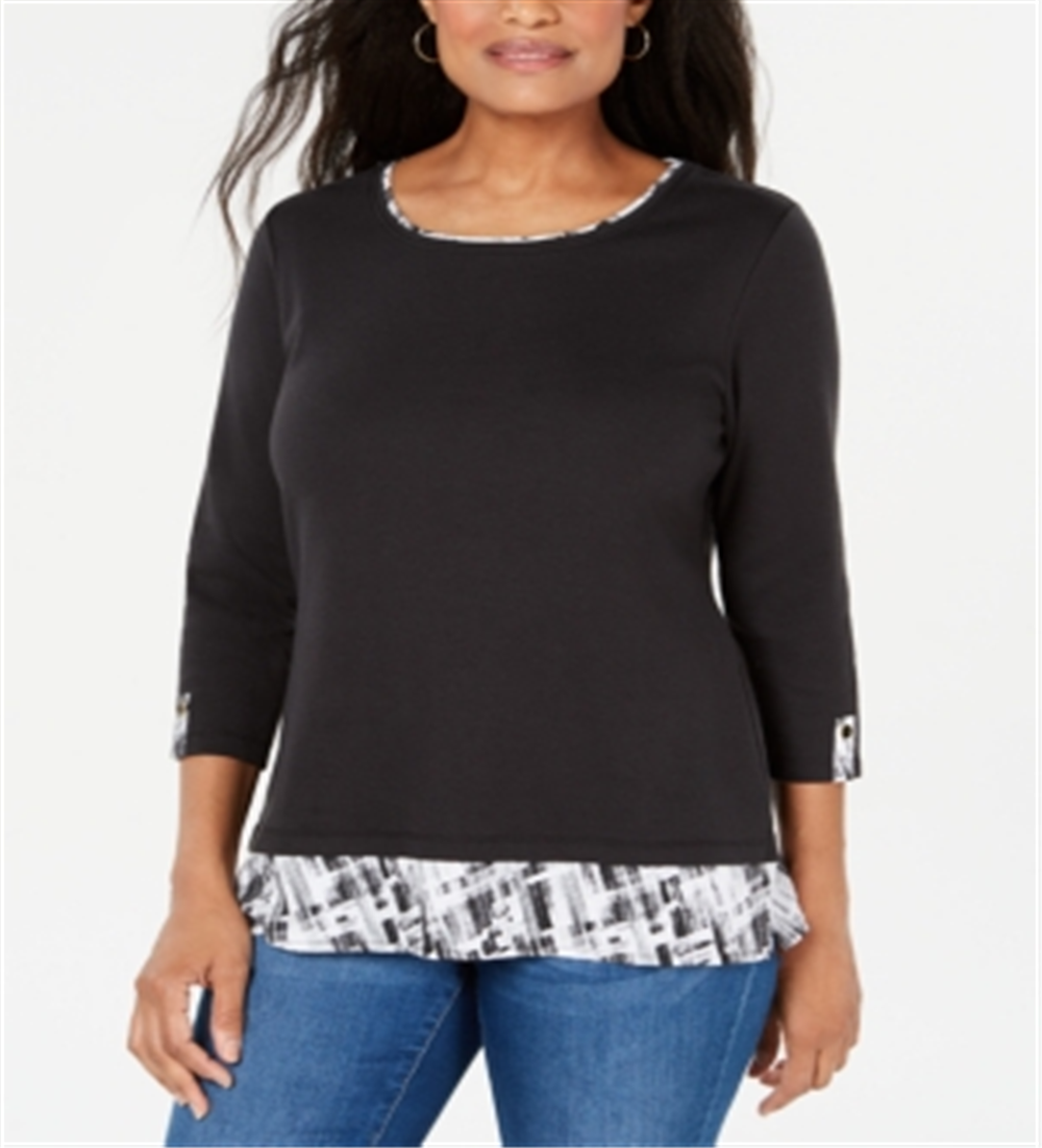 Karen Scott Women's Layered Look Solid & Plaid Top Black Size X-Small