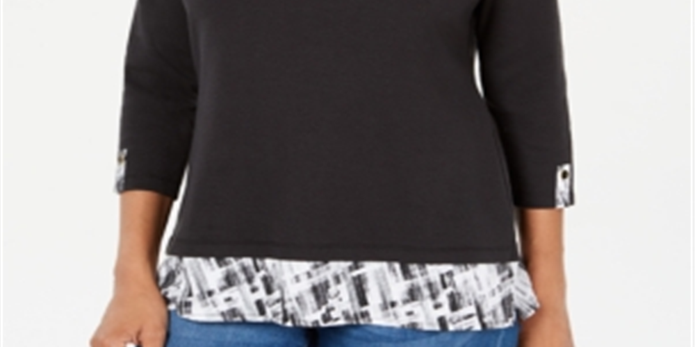 Karen Scott Women's Layered Look Solid & Plaid Top Black Size X-Small