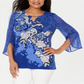 JM Collection Women's Embellished Split Sleeve Top Blue Size Petite