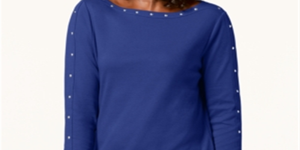 Karen Scott Women's Studded Boat Neck Cotton Top Blue Size Petite