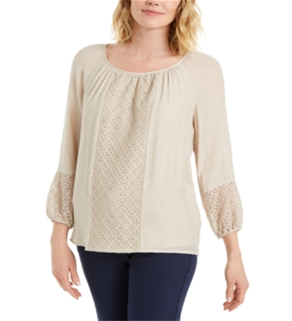 JM Collection Women's Solid Lace Inset Top Brown Size X-Small