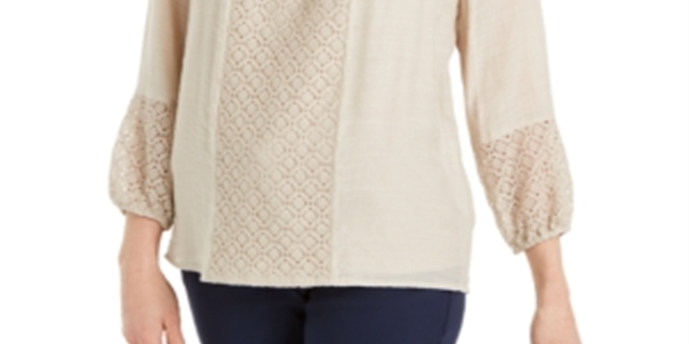 JM Collection Women's Solid Lace Inset Top Brown Size X-Small