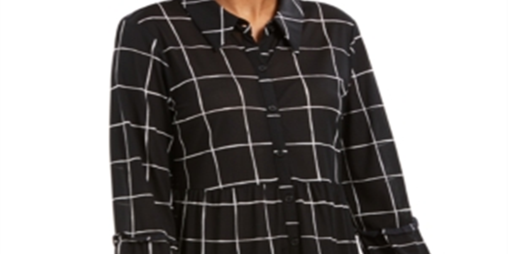 Style & Co Women's Paneled Windowpane Print Mesh Shirt Black Size Medium