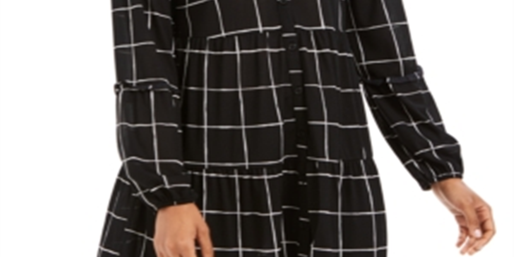 Style & Co Women's Paneled Windowpane Print Mesh Shirt Black Size Medium
