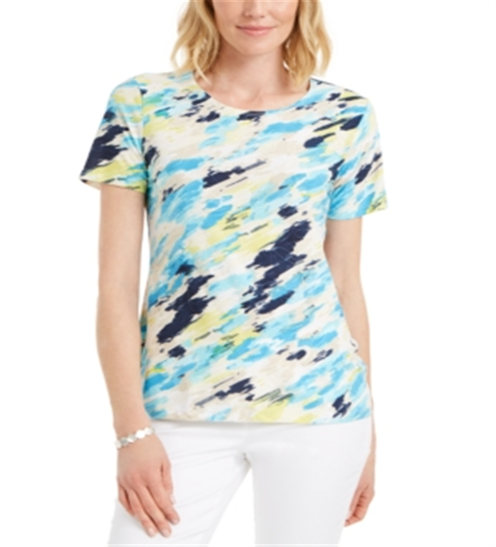 JM Collection Women's Printed Crewneck T-Shirt Blue Size Medium