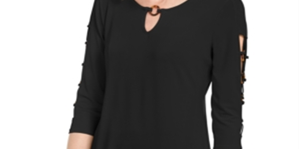 JM Collection Women's Ladder Sleeve O-Ring Top Black Size Petite