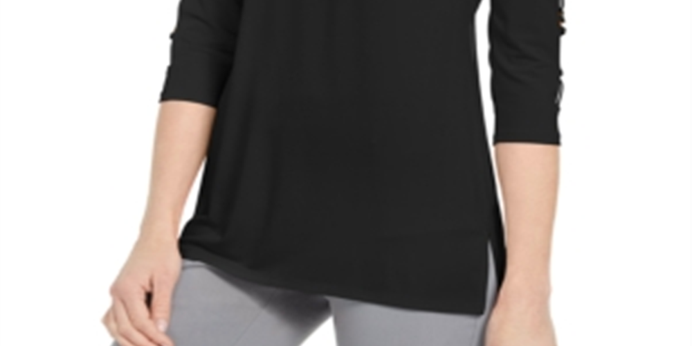 JM Collection Women's Ladder Sleeve O-Ring Top Black Size Petite