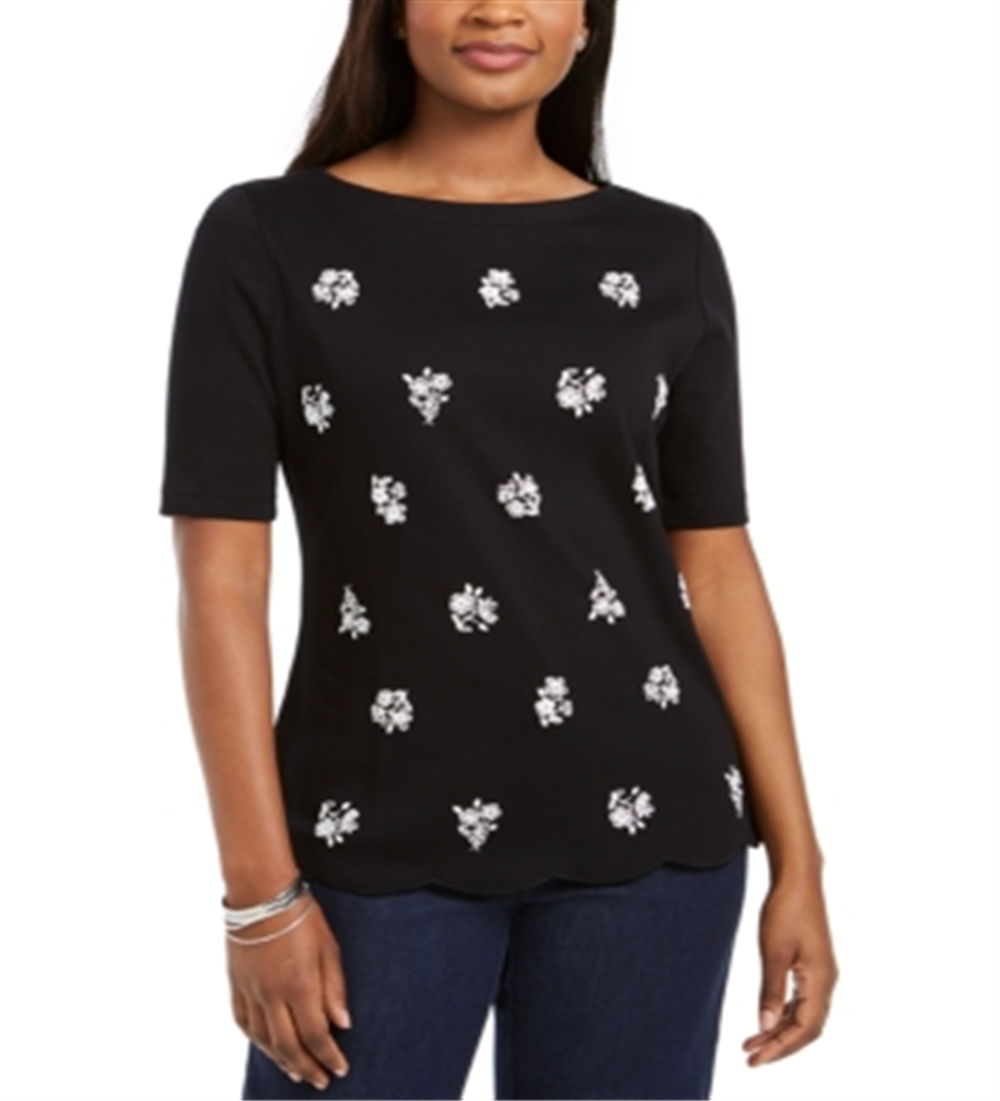Karen Scott Women's Printed Scalloped Cotton Top Black Size Small