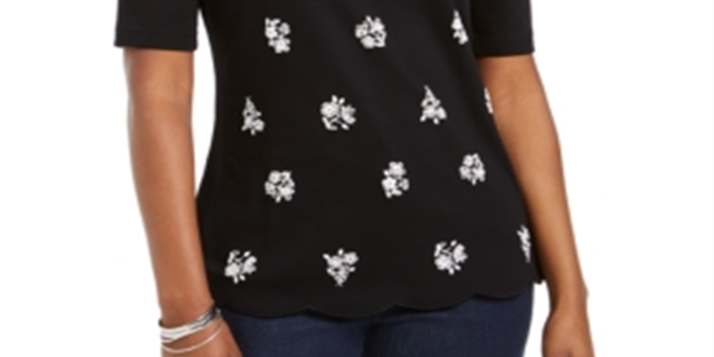 Karen Scott Women's Printed Scalloped Cotton Top Black Size Small