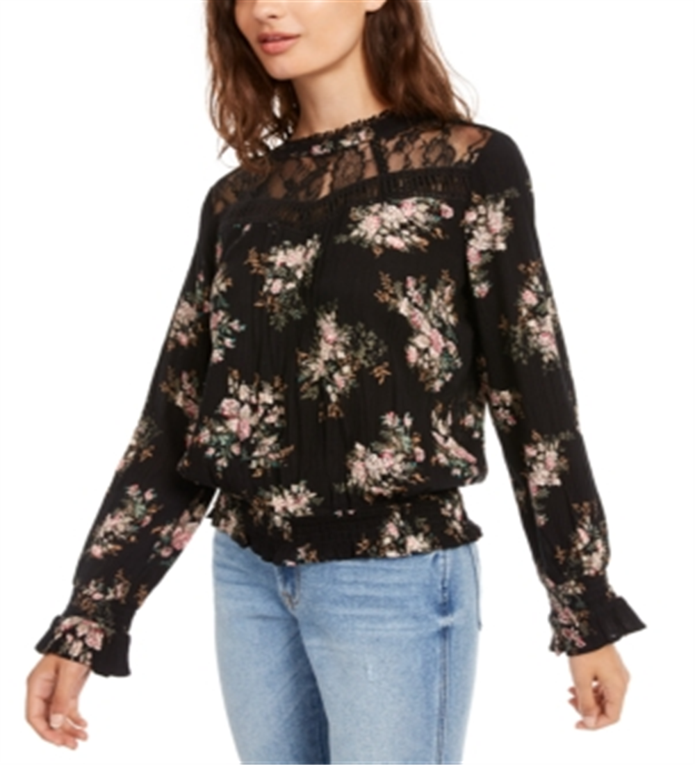 American Rag Junior's Lace Trimmed Smocked Waist Blouse Black Size XX-Small