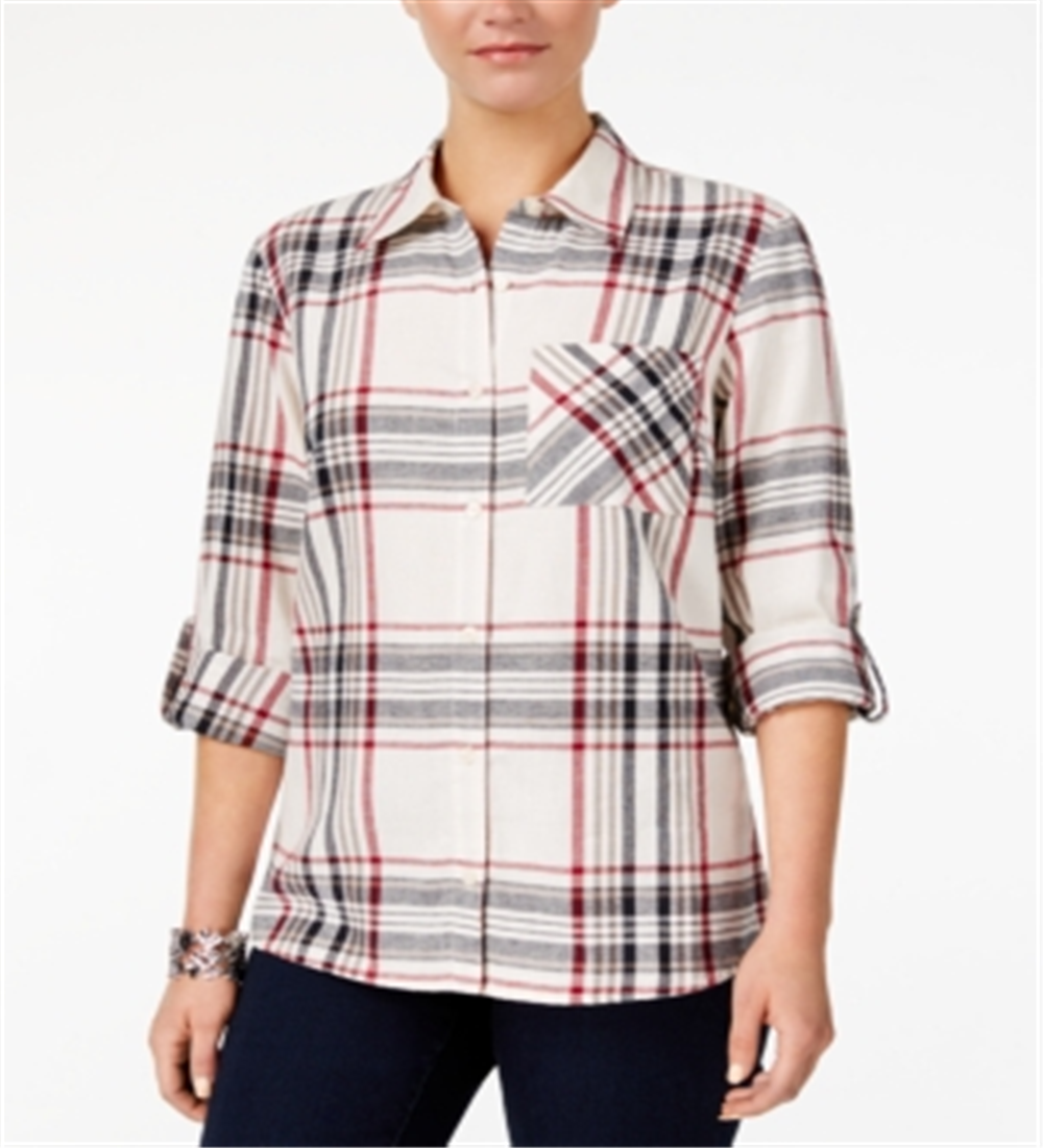 Style & Co Women's Cotton Tab Sleeve Plaid Shirt Black Size Petite X-Large
