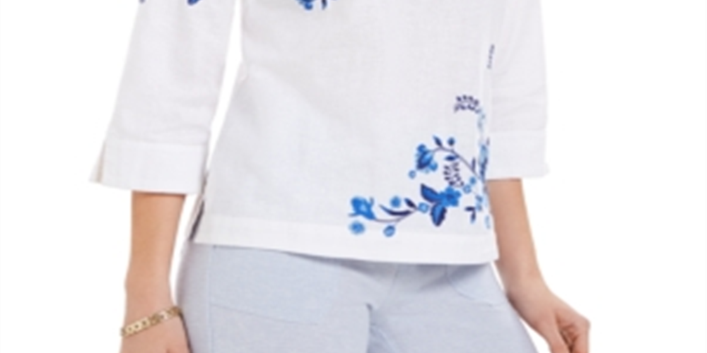 Charter Club Women's Embroidered Split Sleeve Top Blue Size XX-Large